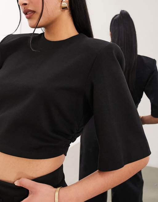 ASOS EDITION premium jersey shoulder pad boxy crop t shirt in black