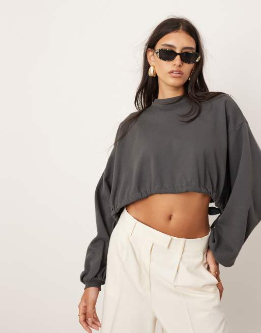 ASOS EDITION - Premium - Jersey top met lange mouwen en rimpeleffect in antracietgrijs