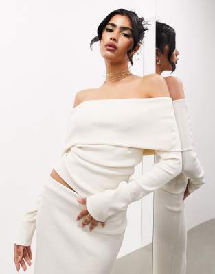 premium jersey turn over bardot long sleeve top in cream-Neutral