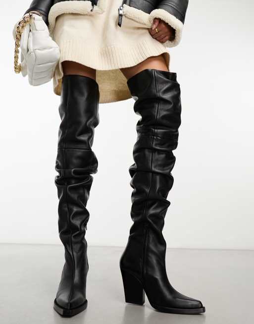 ASOS Design Cali Premium Leather Wedge Knee Boots in Silver