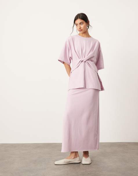 ASOS EDITION - Premium maxi rok van getextureerde jersey met zijsplit in lila, deel van co-ord set - view 1