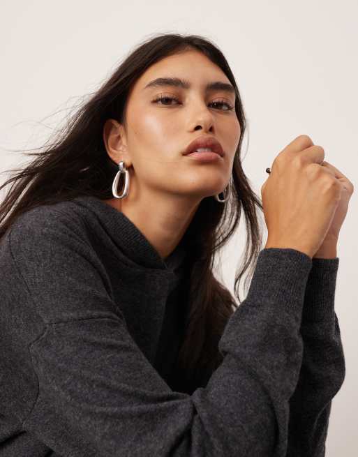ASOS EDITION – Premium – Mörkgrå, stickad tröja med huva i kashmirblandning, del av set, 3 av 4
