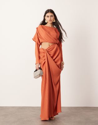 ASOS EDITION ASOS EDITION premium plisse long sleeve drapey maxi dress in rust-Orange
