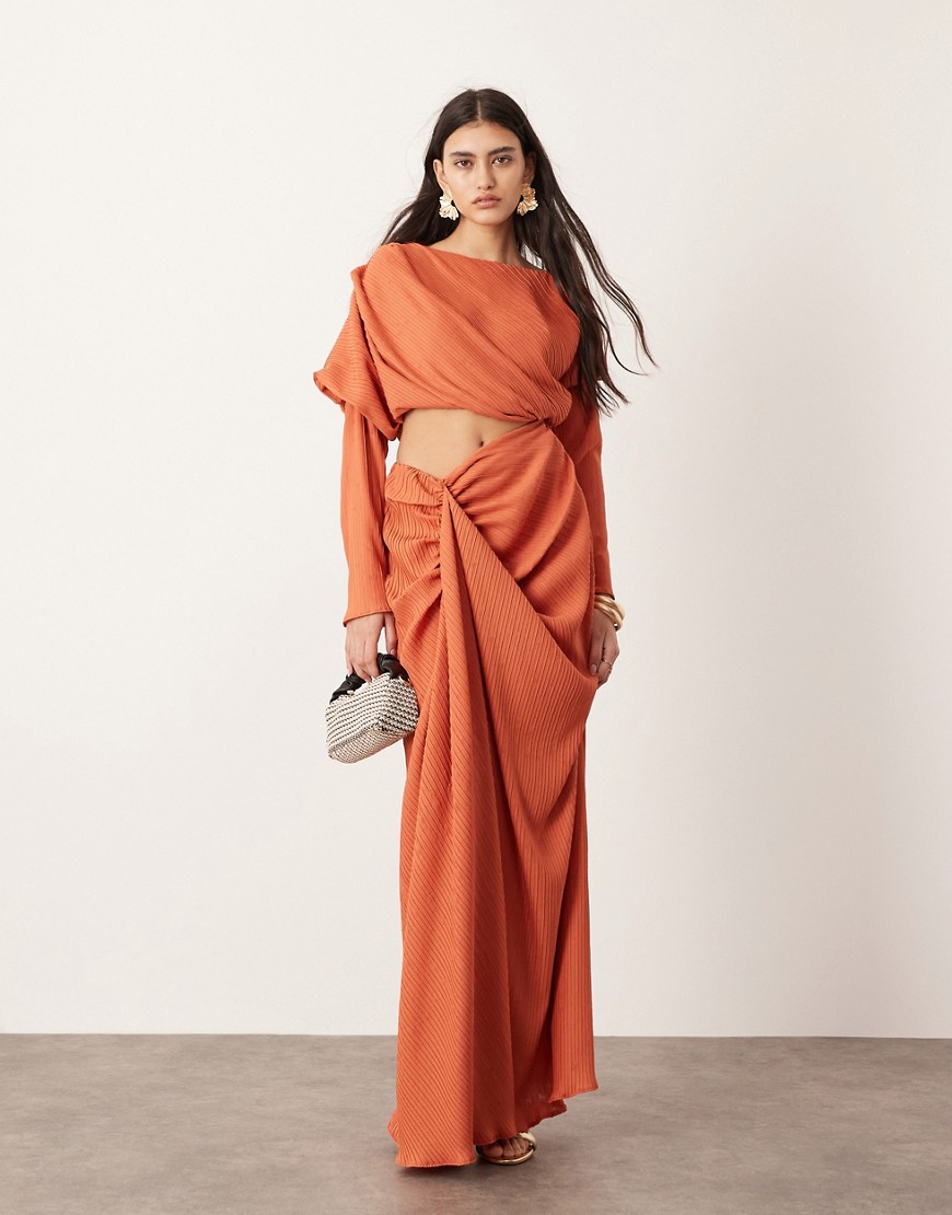 ASOS EDITION premium plisse long sleeve drapey maxi dress in rust-Orange