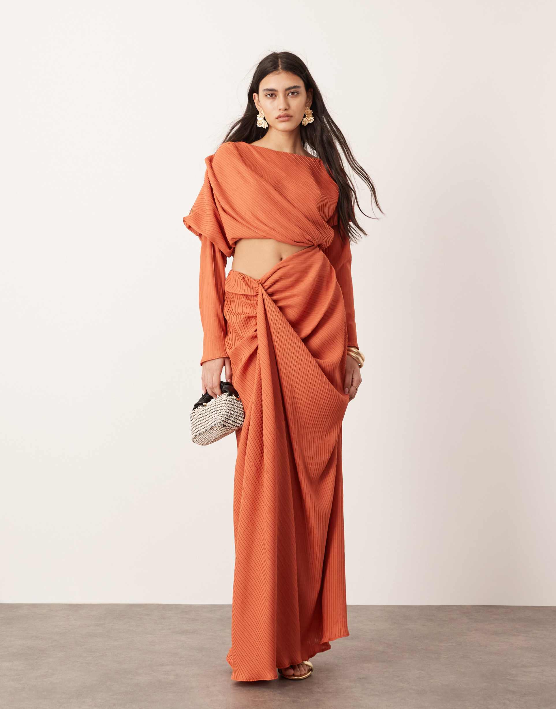 asos edition premium plisse long sleeve drapey maxi dress in rust