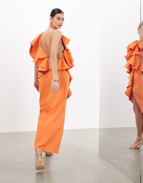 ASOS EDITION premium raw edge one shoulder ruffle maxi dress in orange - view 1