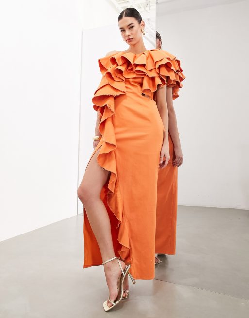 ASOS EDITION premium raw edge one shoulder ruffle maxi dress in orange