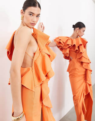 【海外限定】REISSワンピース☆Eden Ruffle Maxi Dress, Orange Reiss Eden Ruffled Woven Maxi Dress in Orange | Lyst
