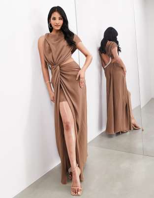 ASOS EDITION premium rope diamante neck detail one sided satin maxi dress in mocha-Black