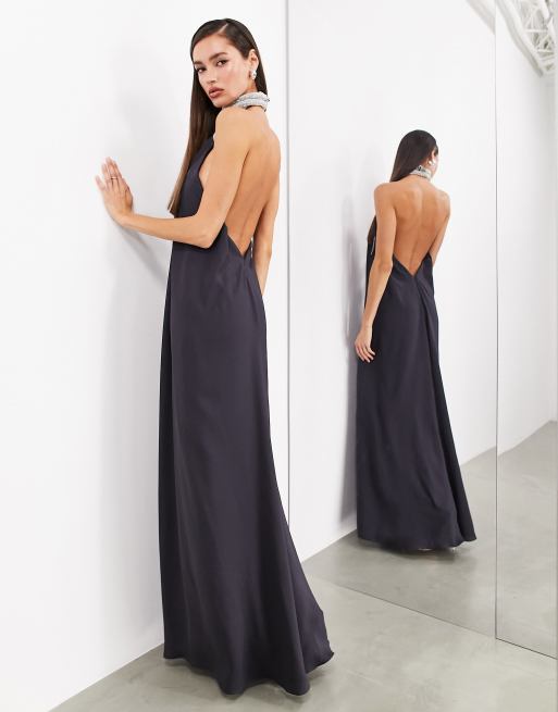 Evening Out Black Satin Halter Maxi Dress