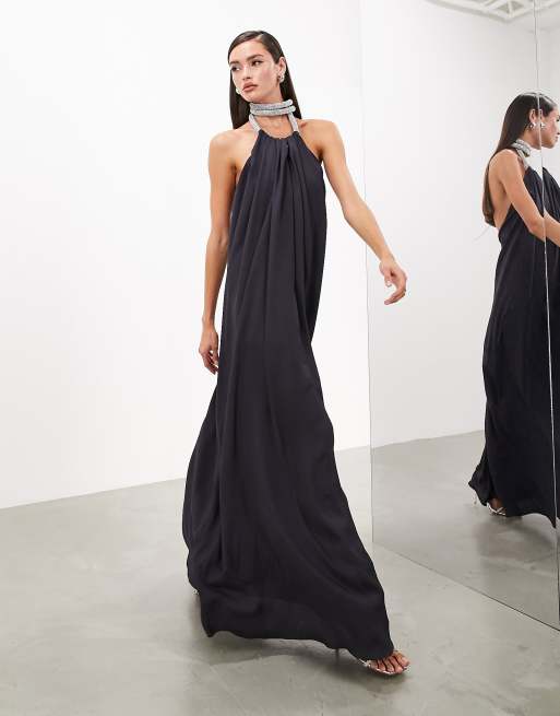 Satin Halter Gown With Feathers in Black Black