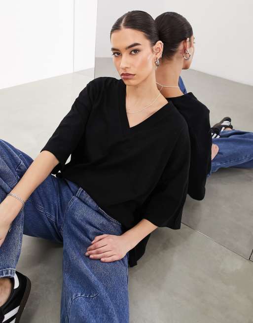 ASOS EDITION - Premium - Sort oversized kortærmet T-shirt med V-hals