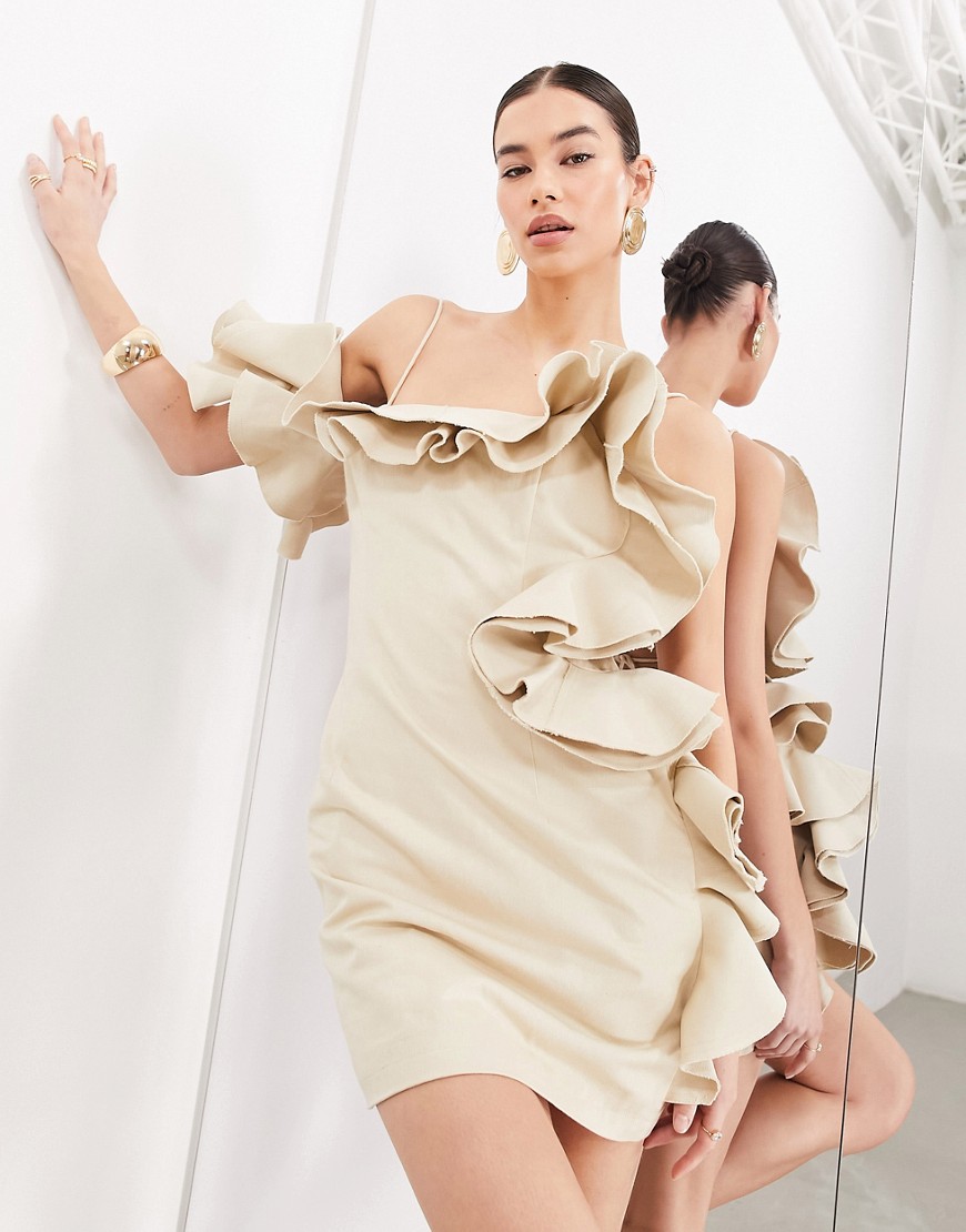 Asos Design Premium Structured Raw Edge Ruffle Bandeau Mini Dress In Taupe-brown