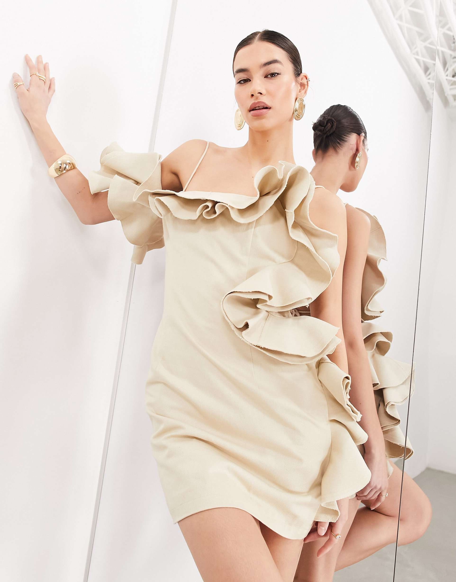 asos edition premium structured raw edge ruffle bandeau mini dress in taupe