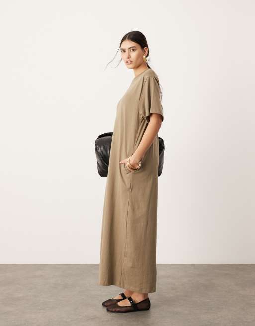 ASOS EDITION premium t shirt maxi dress with pockets in khaki