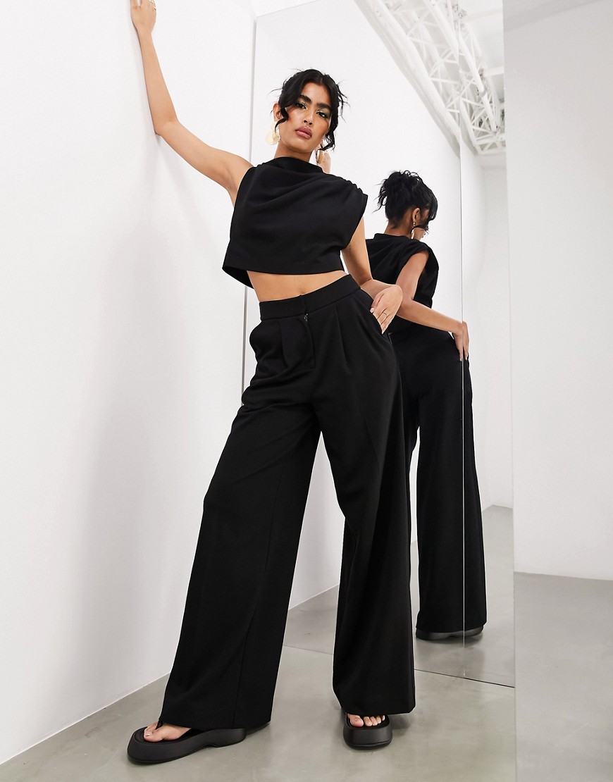 ASOS EDITION premium textured jersey pleat front wide leg trouser in black