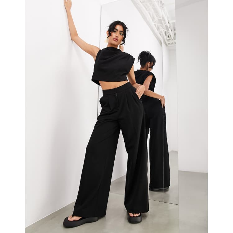 ASOS EDITION premium textured jersey pleat front wide leg trouser in black  | ASOS