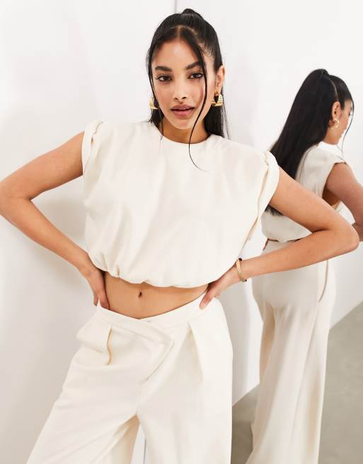 ASOS EDITION premium textured jersey roll sleeve crop top in cream 