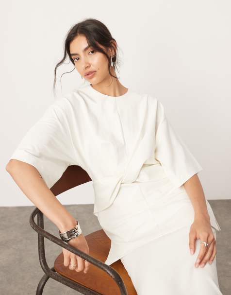 ASOS EDITION premium textured jersey twist detail tshirt in coconut - part of a set - view 1