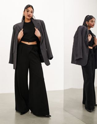 premium textured jersey wide leg pants with asymmetric waistband in black