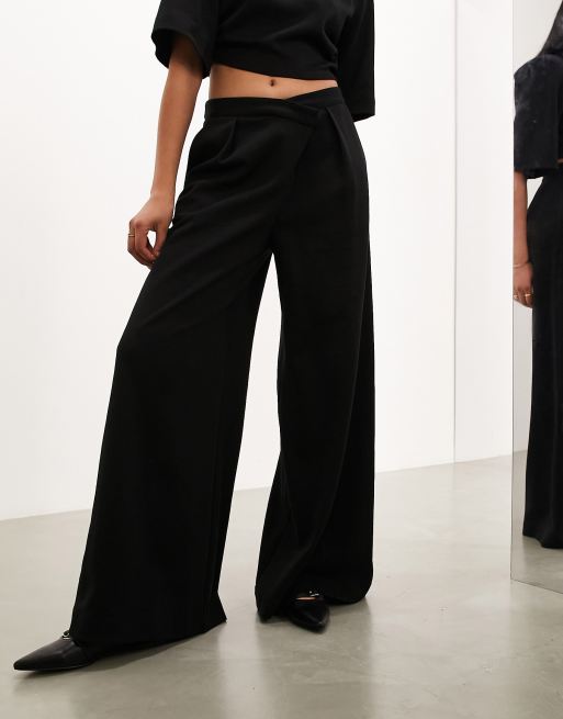 ASOS EDITION premium textured jersey wide leg pants with asymmetric  waistband in black