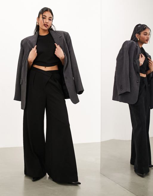 Black Woven Asymmetric Fly Wide Leg Pants