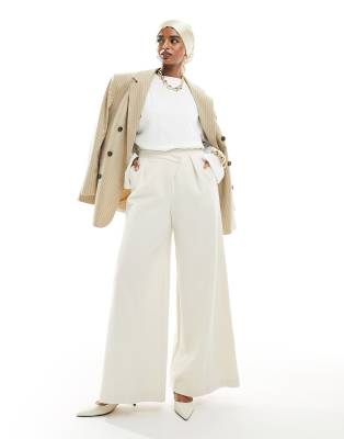 ASOS EDITION ASOS EDITION premium textured jersey wide leg trouser with asymmetric waistband in cream-Neutral