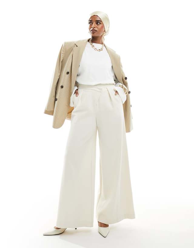 ASOS EDITION - premium textured jersey wide leg trouser with asymmetric waistband in cream