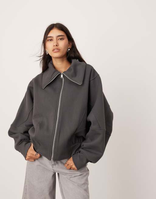 ASOS Edition – Premium – Zapinana na suwak gruba grafitowa bluza z dużym kołnierzem