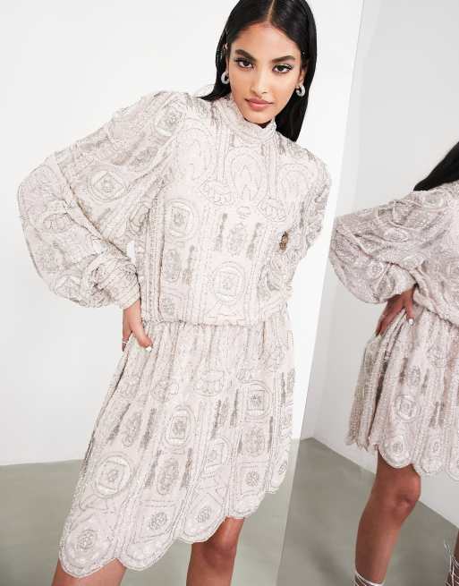 Asos design premium lace mini skater 2025 dress with long sleeves