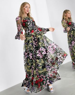 ASOS EDITION pretty floral embroidered maxi dress with open back-Multi