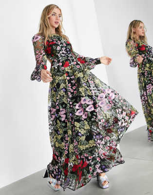 flower embroidered maxi dress