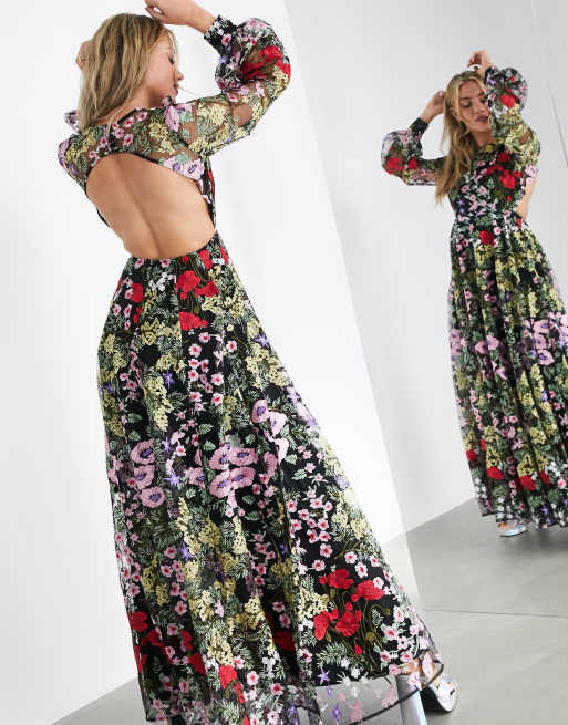 ASOS EDITION pretty floral embroidered maxi dress with open back