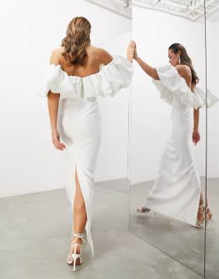 ASOS EDITION - Primrose - Koker-trouwjurk met blote schouders en blousonmouwen van crêpestof in ivoorwit