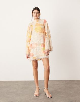 Asos Design Print And Sequin High Neck Mini Dress With Fringe In Orange Floral-multi