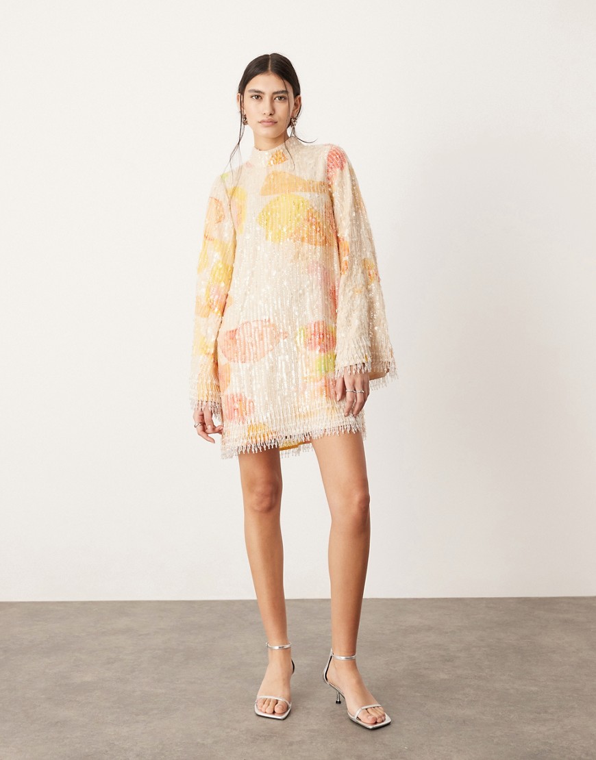 ASOS EDITION print and sequin high neck mini dress with fringe in orange floral-Multi