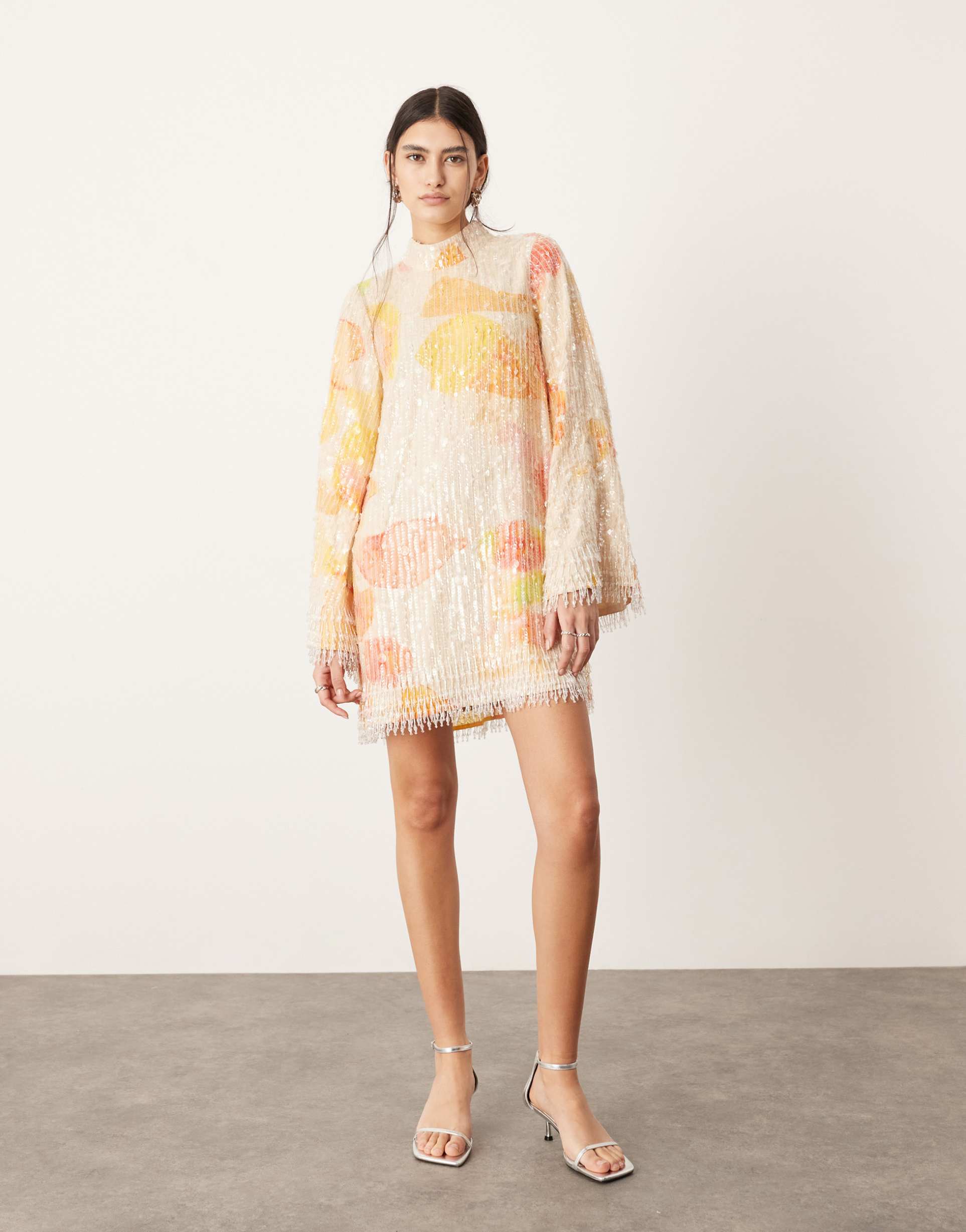 asos edition print and sequin high neck mini dress with fringe in orange floral