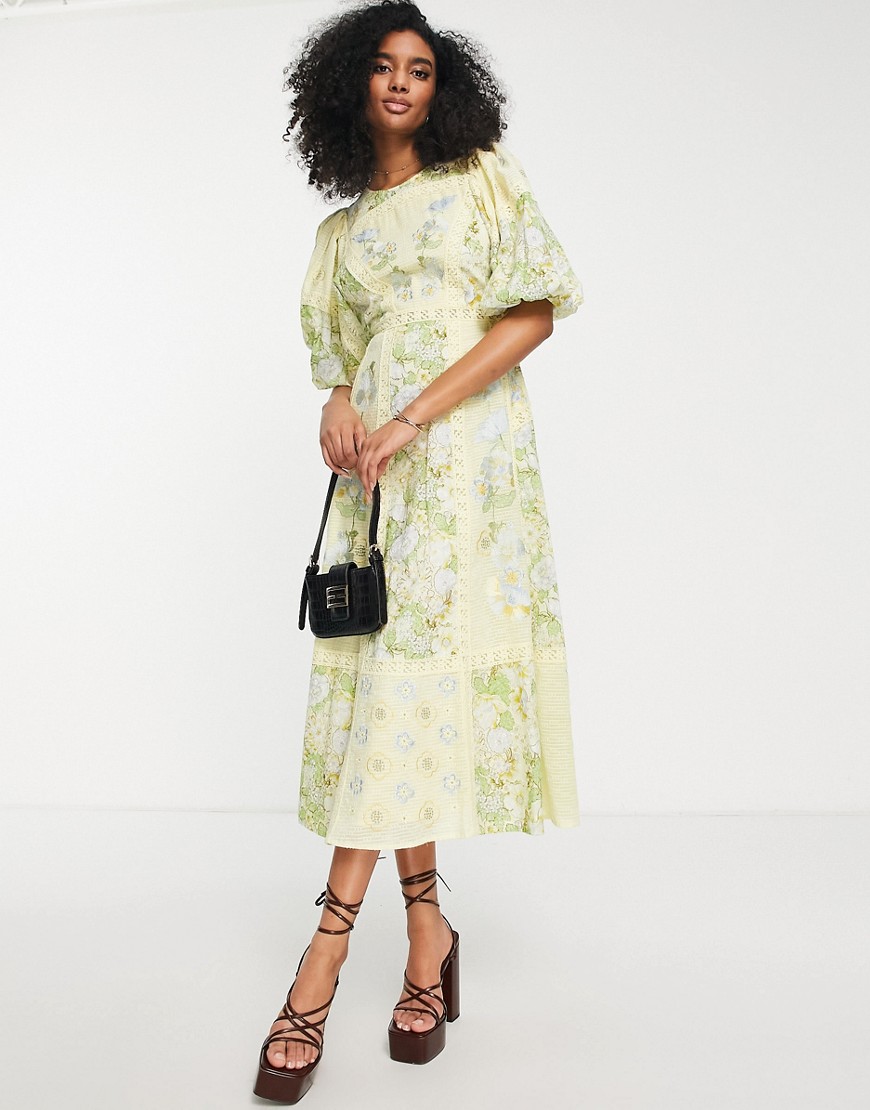 Asos Design Printed Embroidered Midi Dress With Lace Inserts And Tie Back In Yellow