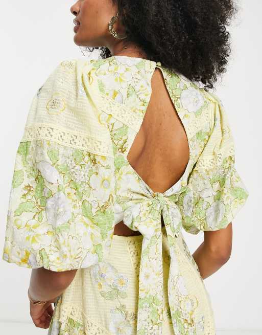 ASOS EDITION printed embroidered midi dress with lace inserts and tie back  in yellow | ASOS