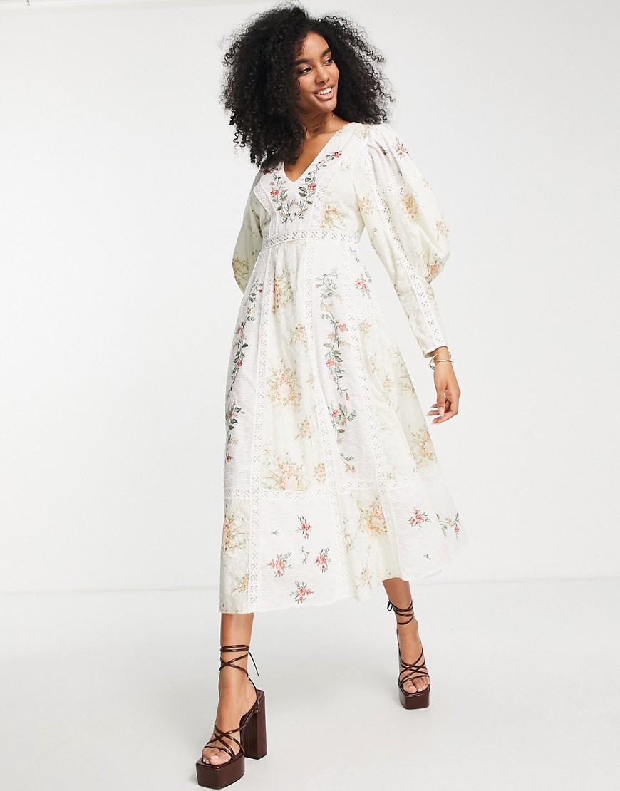 ASOS EDITION printed v front embroidered midi dress with lace inserts in cream-White