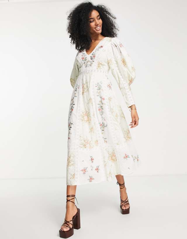 ASOS EDITION printed v front embroidered midi dress with lace inserts in cream