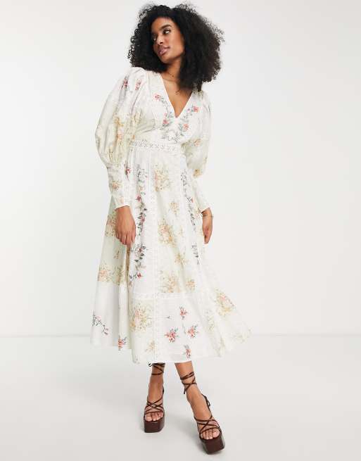 ASOS EDITION printed v front embroidered midi dress with lace inserts in  cream