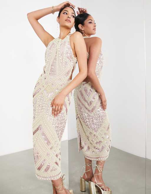 ASOS EDITION – Puderrosa, pärl- och paljettutsmyckad midiklänning med halterneck, 4 av 4