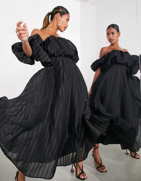 ASOS EDITION puff off shoulder midi dress in black - view 1