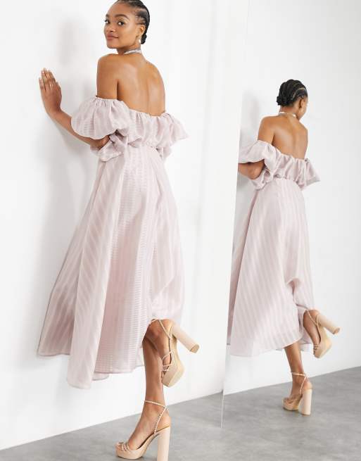 ASOS EDITION puff off shoulder midi dress in blush