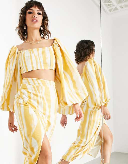 ASOS EDITION puff sleeve crop top in linen painted stripe - part of a set