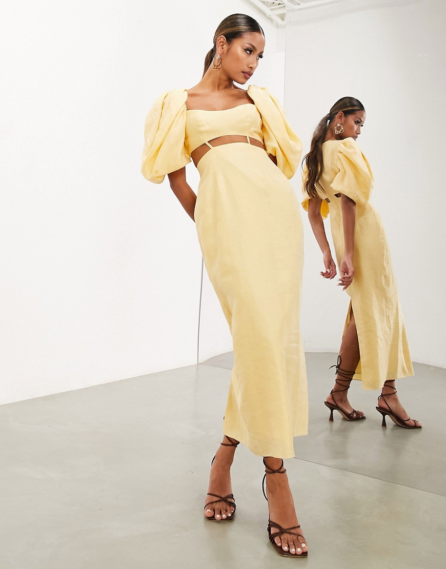 Asos Design Puff Sleeve Cut Out Detail Midi Dress In Yellow