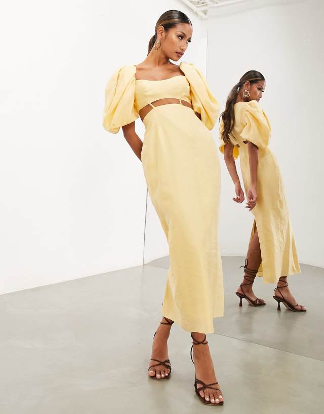 ASOS EDITION - puff sleeve cut out detail midi dress in yellow