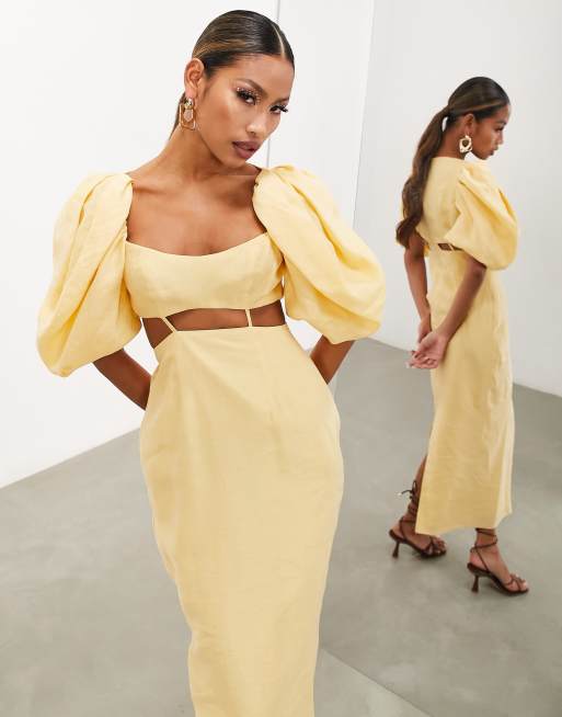 ASOS EDITION puff sleeve cut out detail midi dress in yellow, 4 of 4