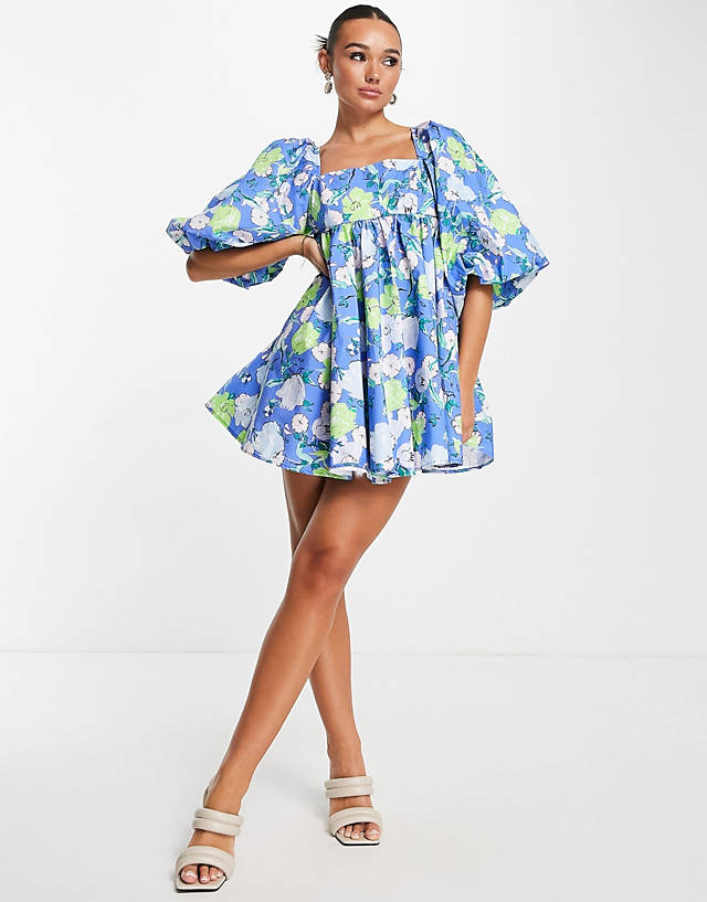 ASOS EDITION puff sleeve empire mini dress in abstract blue floral print